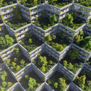 Illustration de logements écologiques avec environnement végétalisé