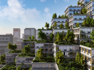 Illustration de logements écologiques avec environnement végétalisé – Promotelec Services, bâtiment performant bas carbone